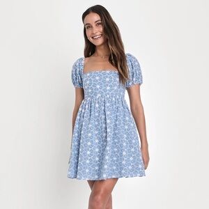 NWT - LULUS - Fit to Frolic Blue Eyelet Lace Puff Sleeve Babydoll Dress